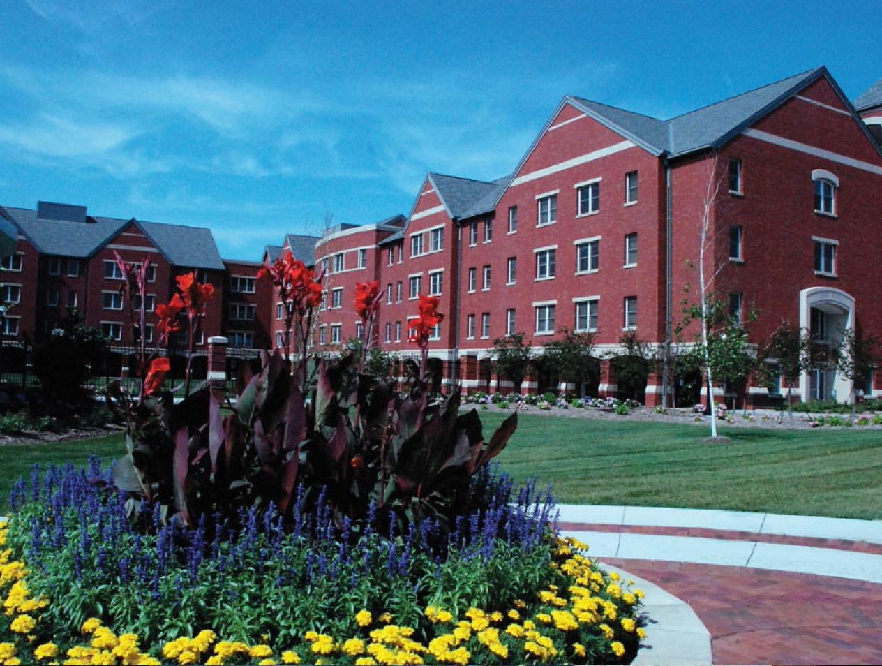 Red and yellow flowers on Creighton campus.